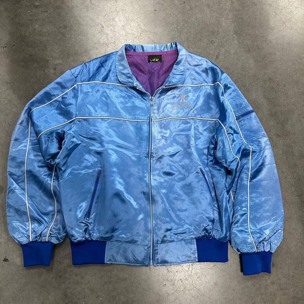 Vintage Las Vegas Hilton Satin Bomber Jacket Blue Purple XL 80s Casino Staff